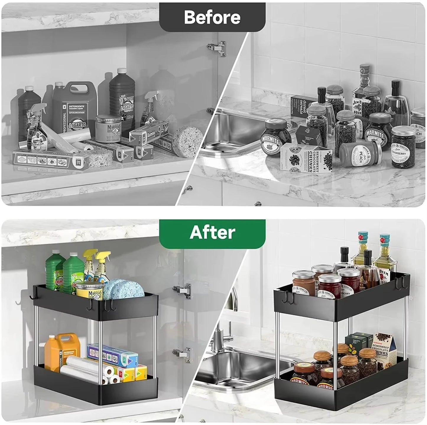1/2 Pcs under Sink Storage Organizer 2 Tier Drawer Multipurpose Rack Cabinet under Sink Storage Rack Bathroom Kitchen Organizer